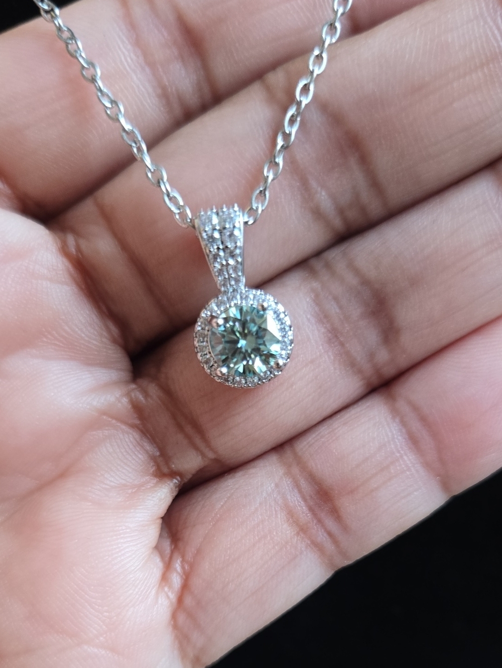 Sterling Silver Halo Pendant Necklace with Light Green Moissanite Stone